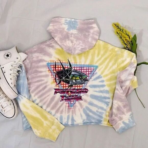 Psycho Tuna NWT Sunny Daze Colorful Tie Dye Wide Crop Cotton Hoodie Large - Picture 11 of 16